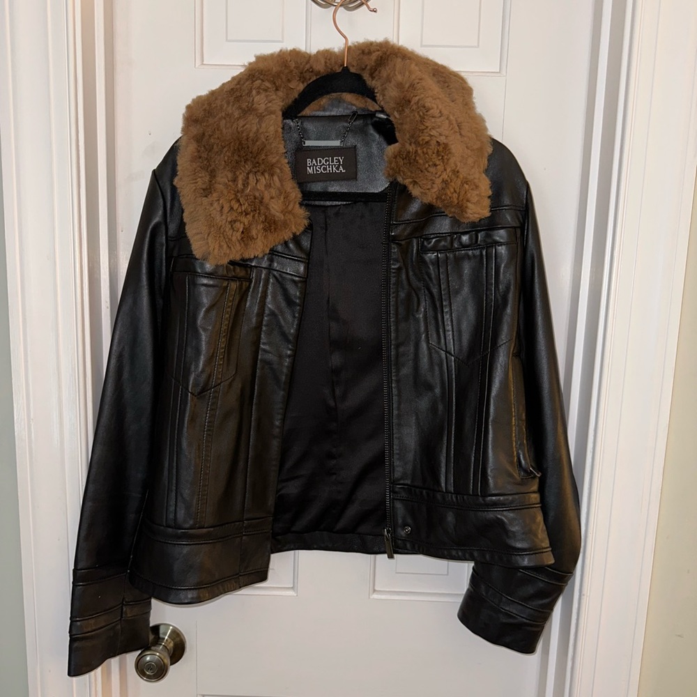 Badgley Mischka Gracie black leather/shearling motorcycle jacket in large